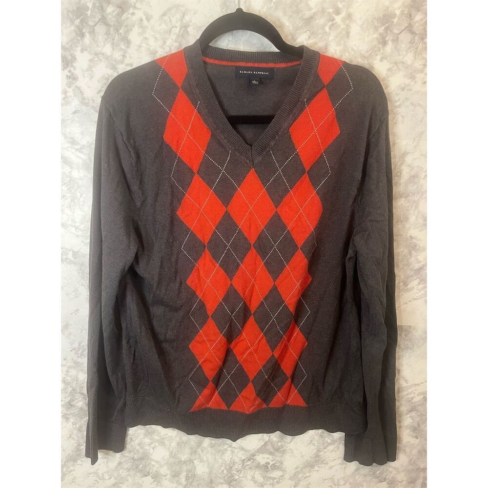Banana Republic Men's V-Neck Argyle Sweater Gray Silk‎ Blend Size L
